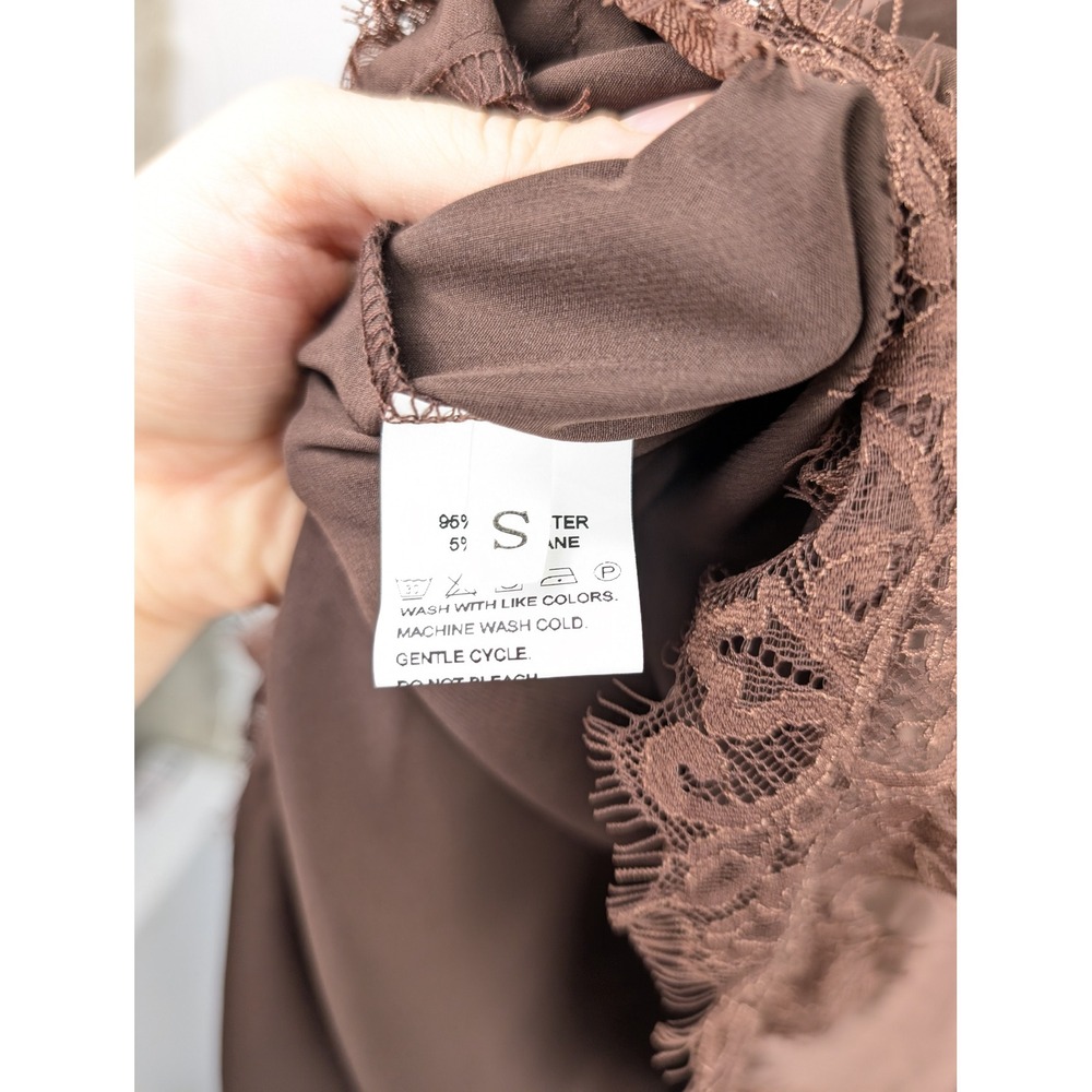 Asymmetrical Satin Lace Babydoll Slip Dress Sz S Chocolate Brown Fairy Indie Y2K - Picture 7 of 9
